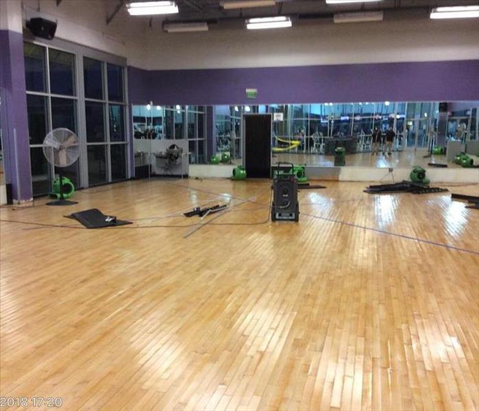 A gym classroom plays host to multiple dehumidifiers and air movers